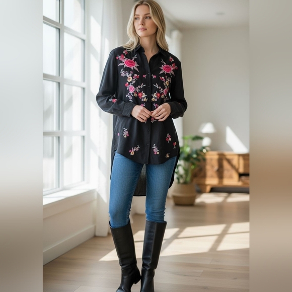 NEW, Zara Black Floral Spanish Shirt Size L - Picture 3 of 7